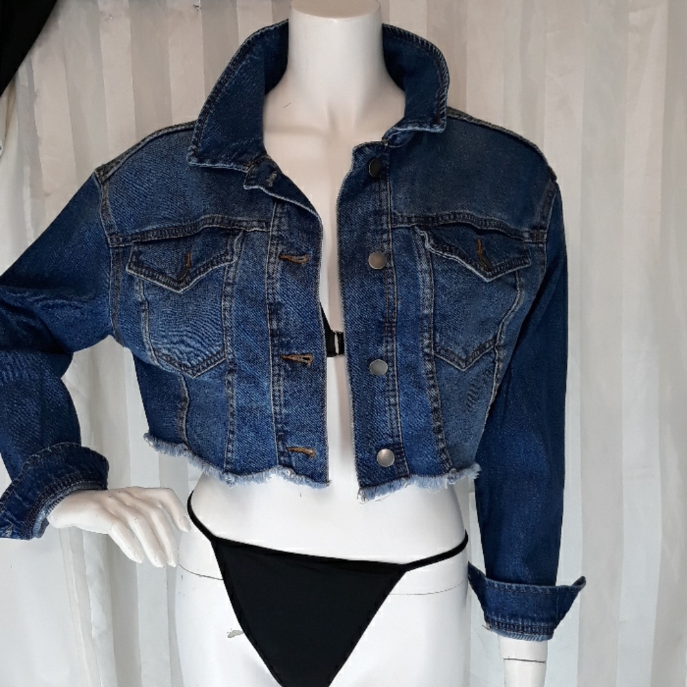 Distressed Hem Cropped Jean Jacket - Picture 1 of 5